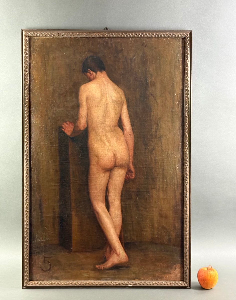 Grand Nu Masculin Académie, Huile sur Toile, fin XIXe/début XXe siècle-photo-4