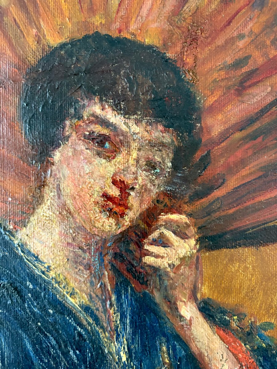 Large Portrait Of An Elegant Woman In A Blue Kimono, French School, Japonisme, 19th Century-photo-4