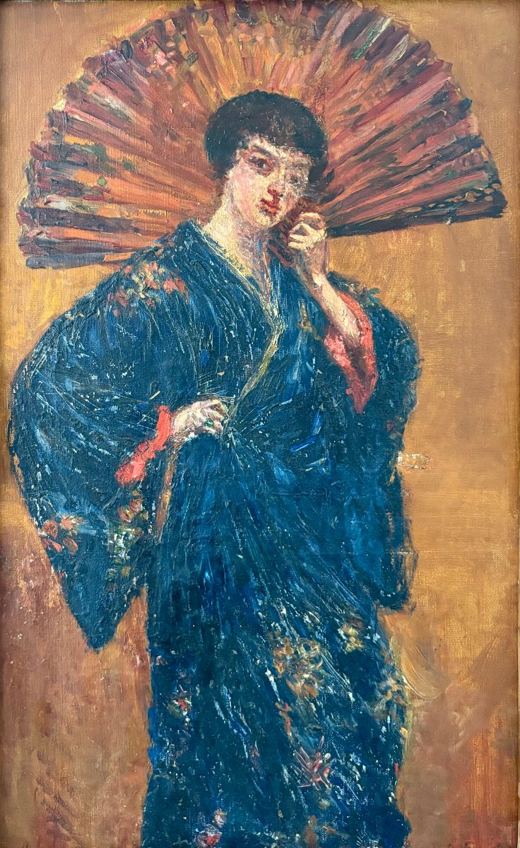 Large Portrait Of An Elegant Woman In A Blue Kimono, French School, Japonisme, 19th Century