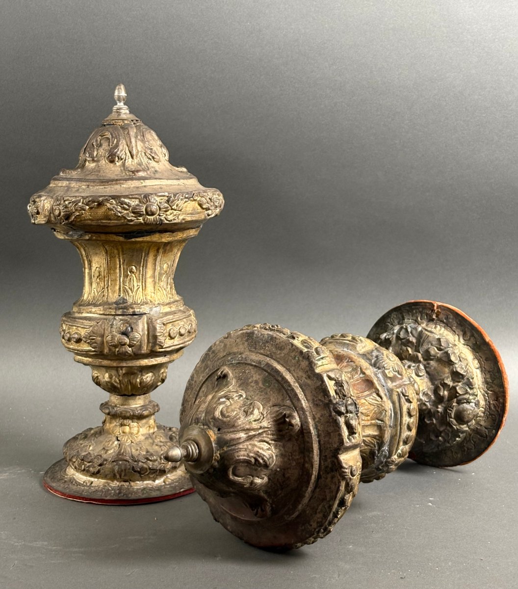 Early 18th Pair Of Large Baroque Altar Vases Silver-plated Metal-photo-2