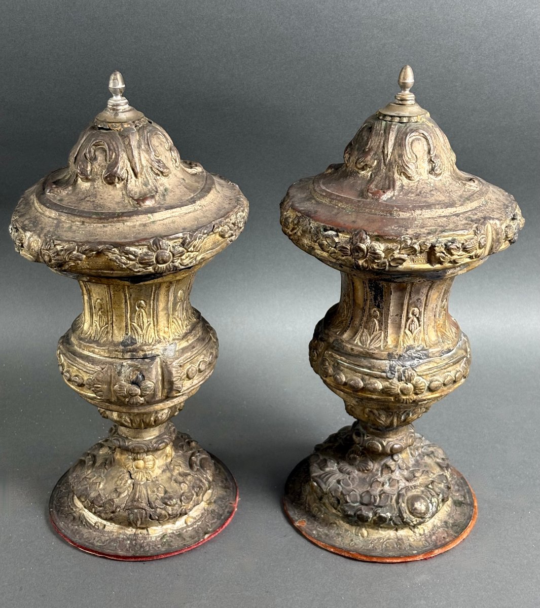 Early 18th Pair Of Large Baroque Altar Vases Silver-plated Metal-photo-3