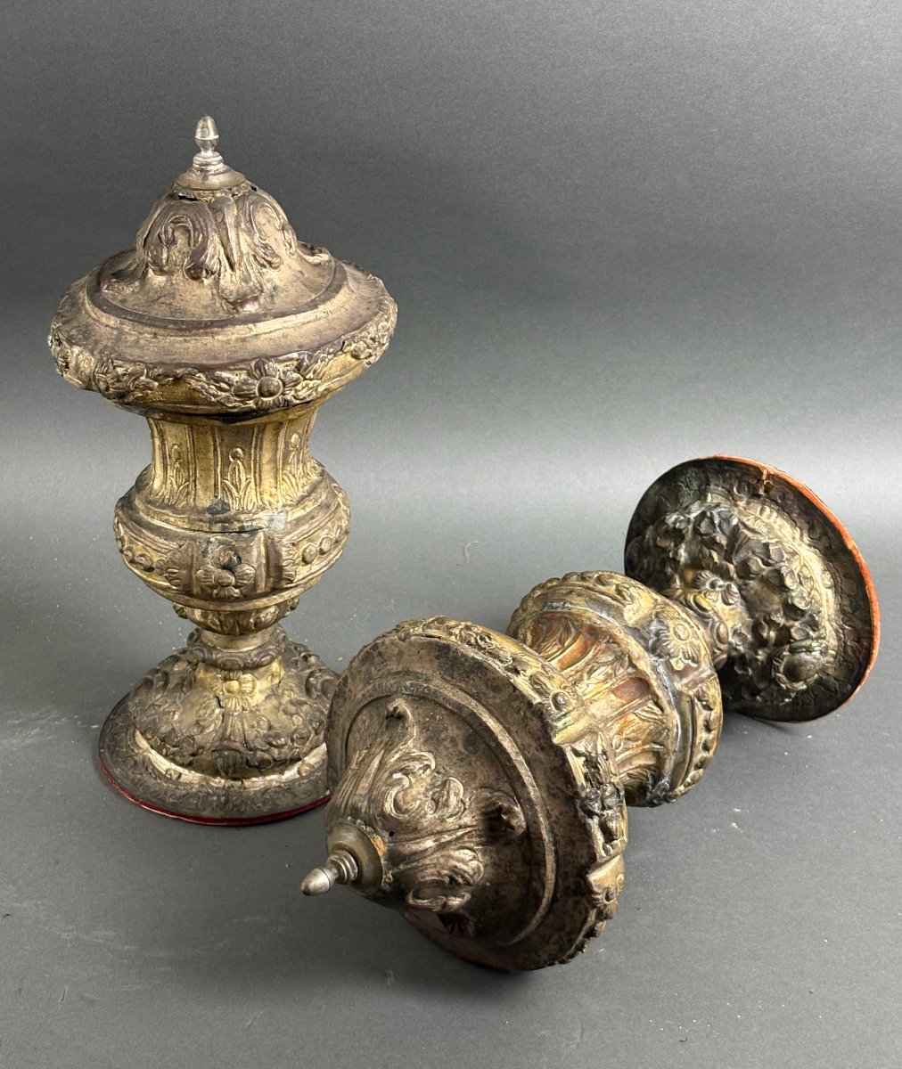 Early 18th Pair Of Large Baroque Altar Vases Silver-plated Metal-photo-4