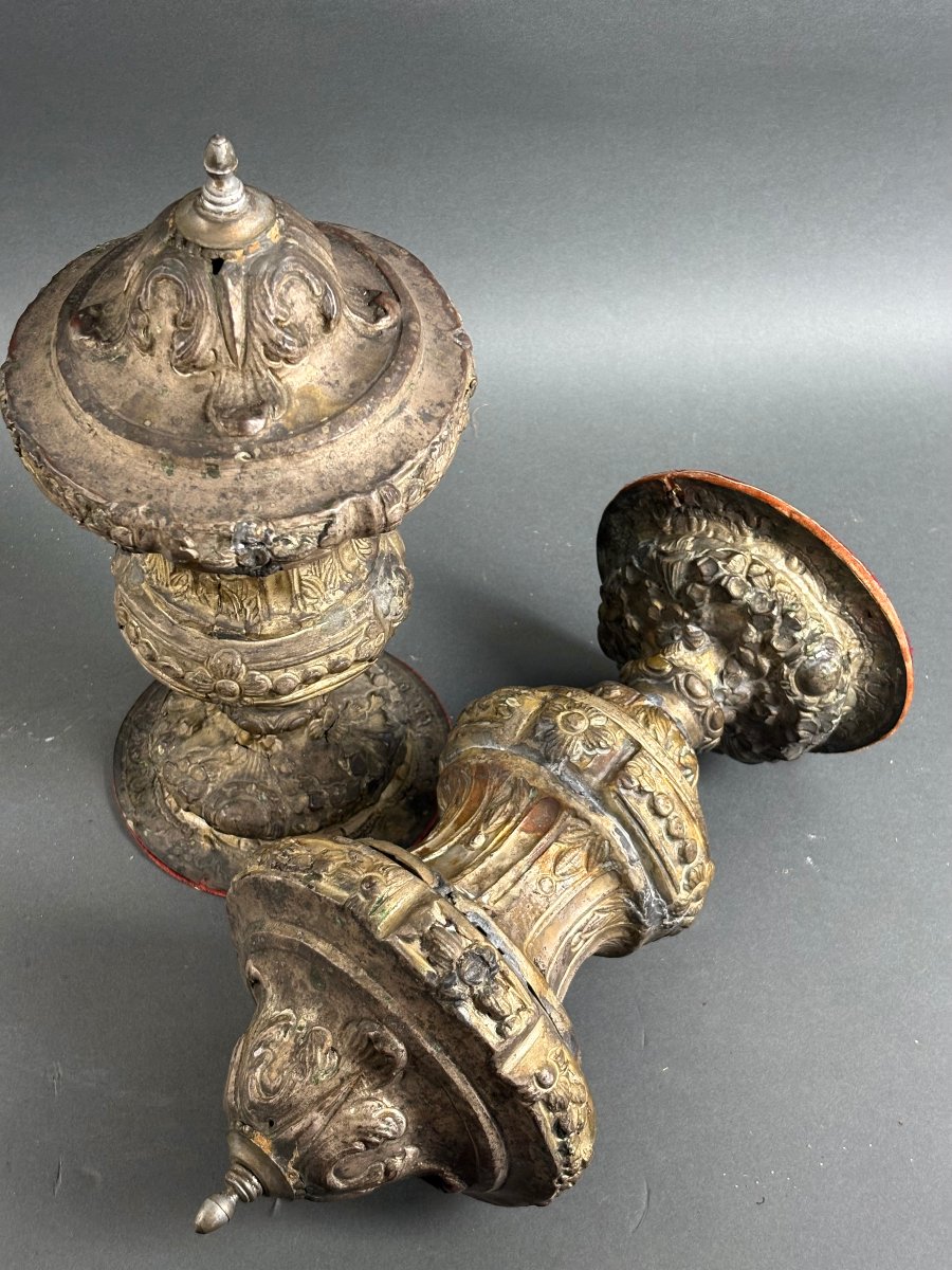 Early 18th Pair Of Large Baroque Altar Vases Silver-plated Metal-photo-5