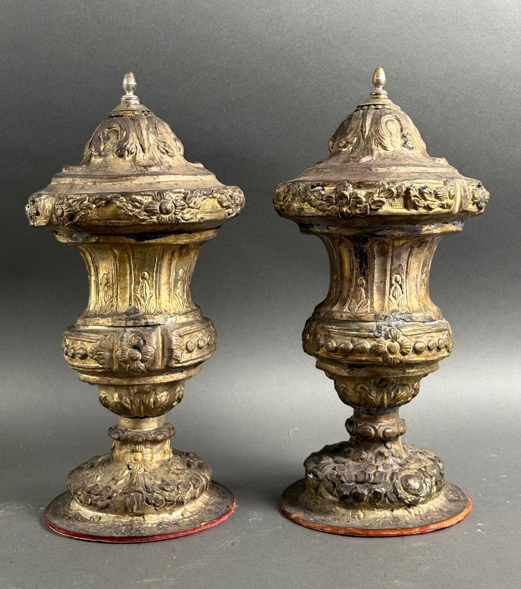 Early 18th Pair Of Large Baroque Altar Vases Silver-plated Metal