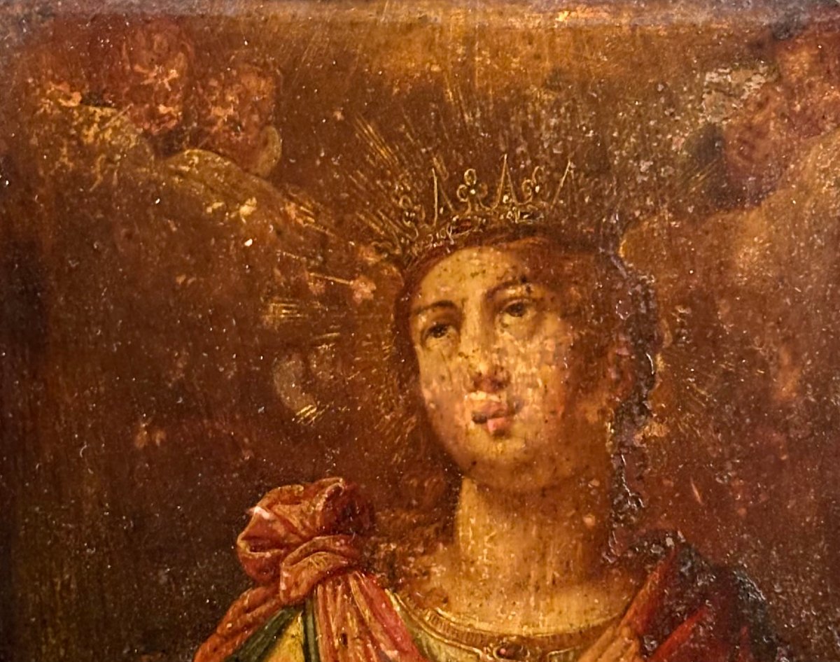  Sainte Catherine d'Alexandrie, Peinture  à l'Huile sur Cuivre, XVIIIe siècle-photo-3