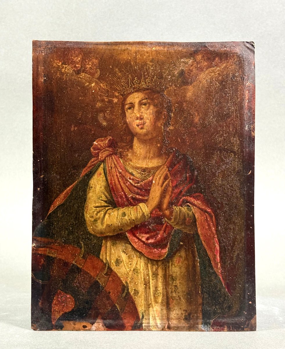  Sainte Catherine d'Alexandrie, Peinture  à l'Huile sur Cuivre, XVIIIe siècle-photo-5