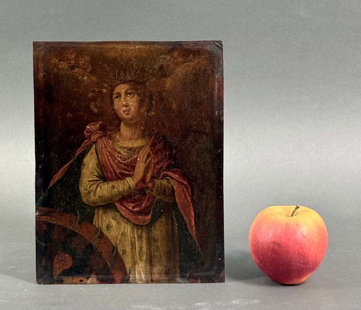  Sainte Catherine d'Alexandrie, Peinture  à l'Huile sur Cuivre, XVIIIe siècle-photo-6
