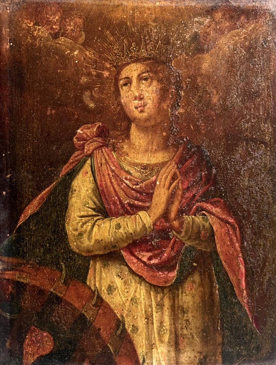  Sainte Catherine d'Alexandrie, Peinture  à l'Huile sur Cuivre, XVIIIe siècle