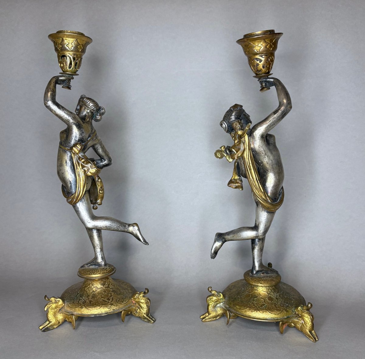 Alfred Daubrée (1817-1885)  Paire de Bougeoirs « Ménades » Bronze Doré et Argenté-photo-2