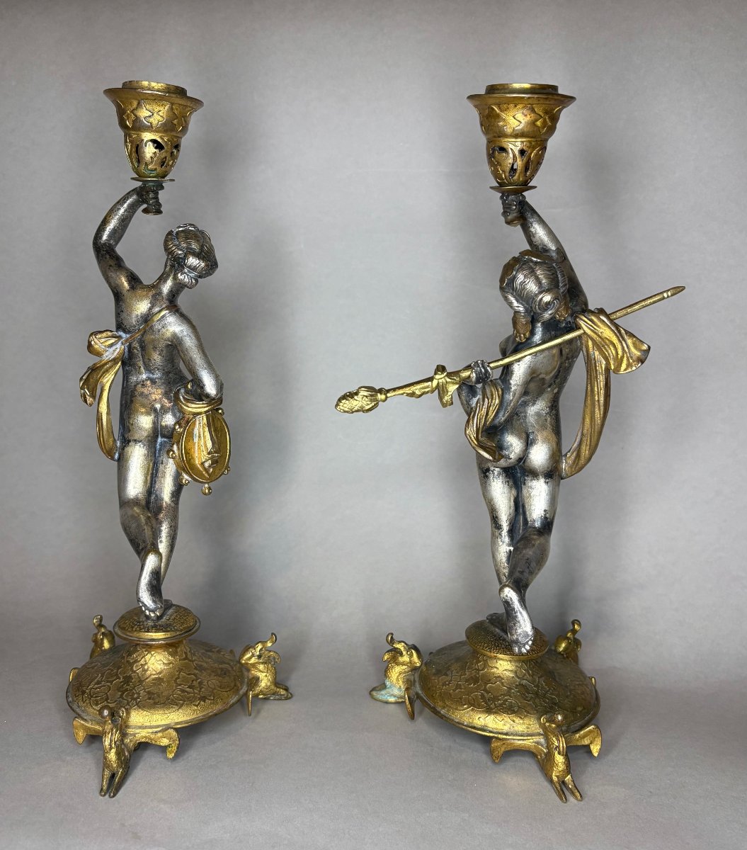 Alfred Daubrée (1817-1885)  Paire de Bougeoirs « Ménades » Bronze Doré et Argenté-photo-3