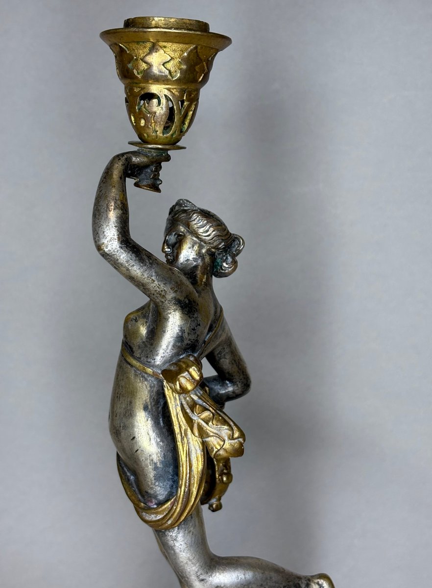 Alfred Daubrée (1817-1885)  Paire de Bougeoirs « Ménades » Bronze Doré et Argenté-photo-4