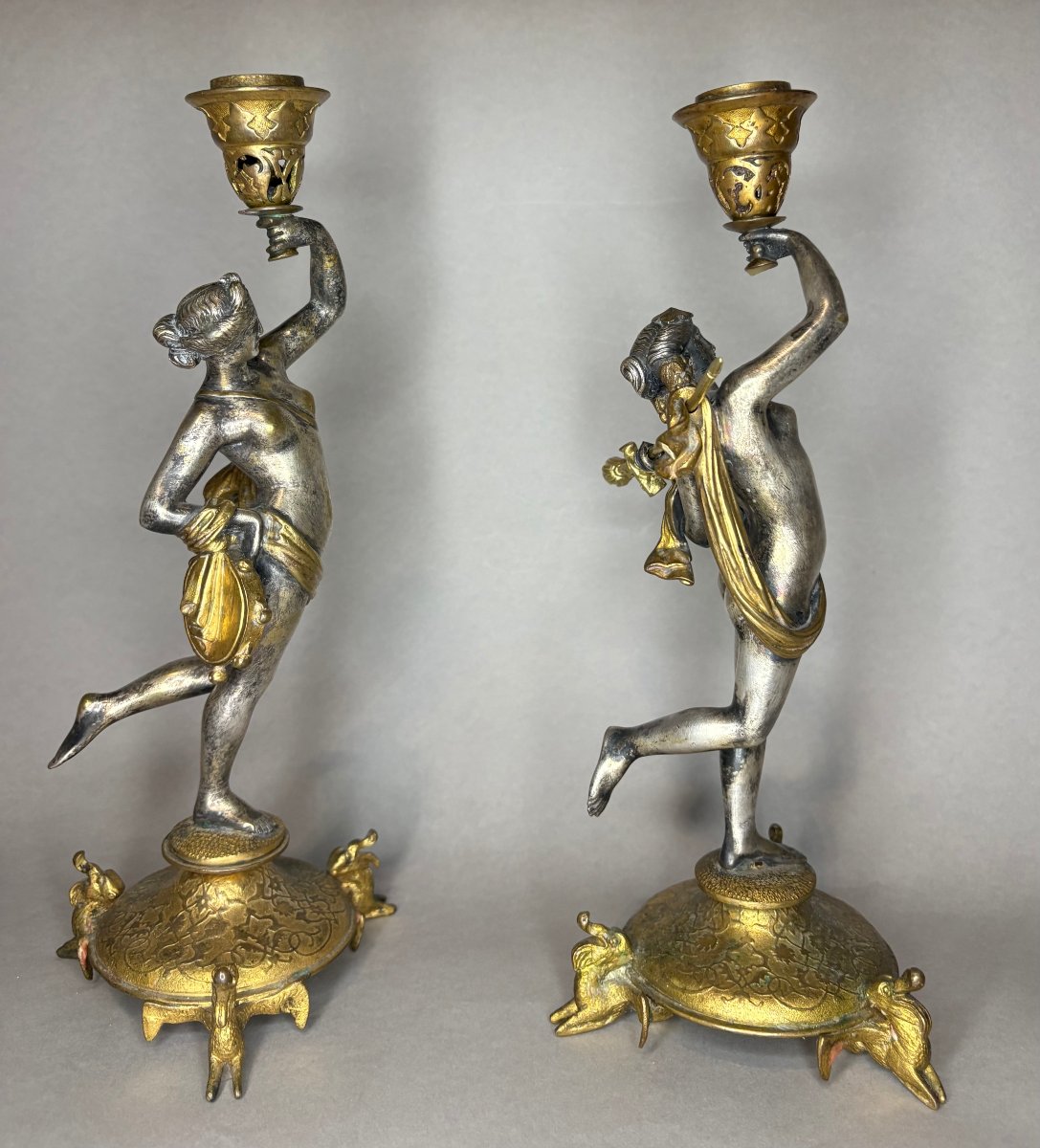 Alfred Daubrée (1817-1885)  Paire de Bougeoirs « Ménades » Bronze Doré et Argenté-photo-2