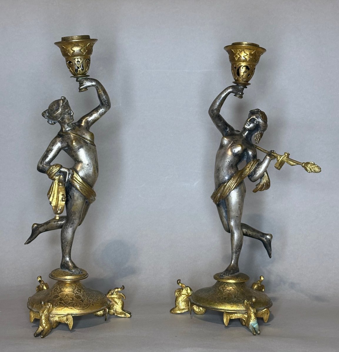 Alfred Daubrée (1817-1885)  Paire de Bougeoirs « Ménades » Bronze Doré et Argenté-photo-5