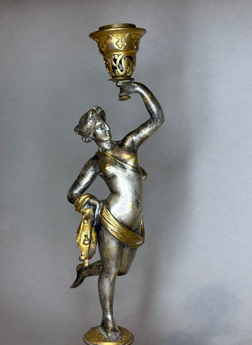 Alfred Daubrée (1817-1885)  Paire de Bougeoirs « Ménades » Bronze Doré et Argenté-photo-6
