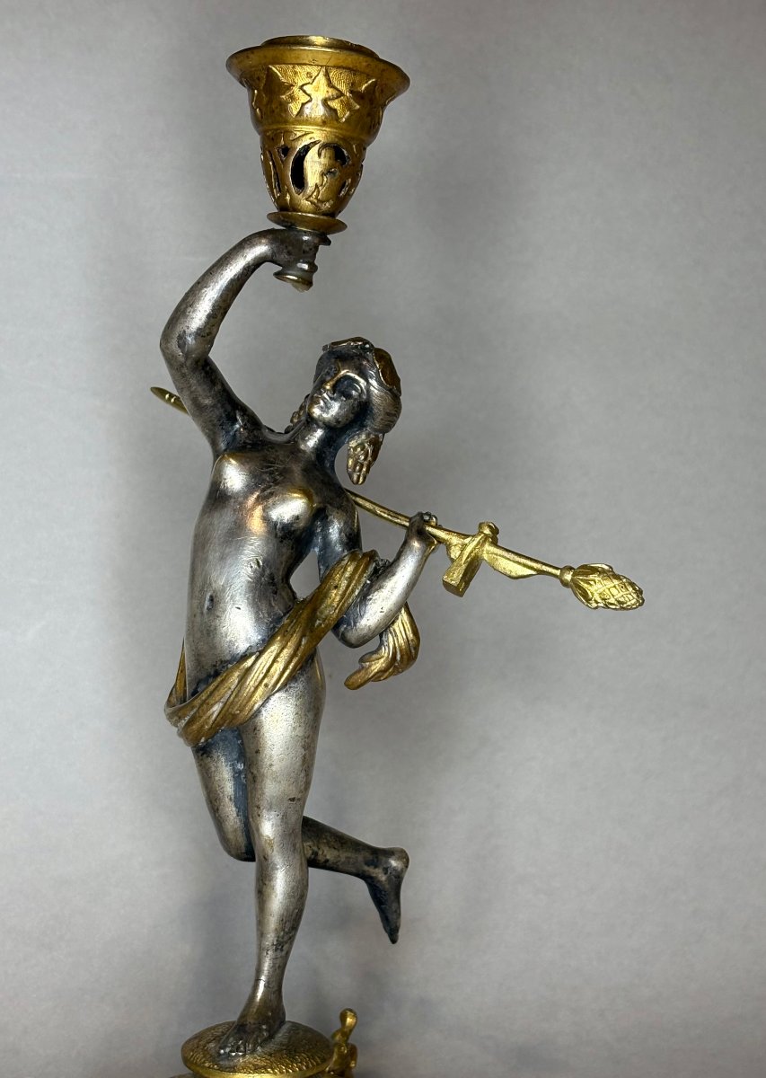 Alfred Daubrée (1817-1885)  Paire de Bougeoirs « Ménades » Bronze Doré et Argenté-photo-7