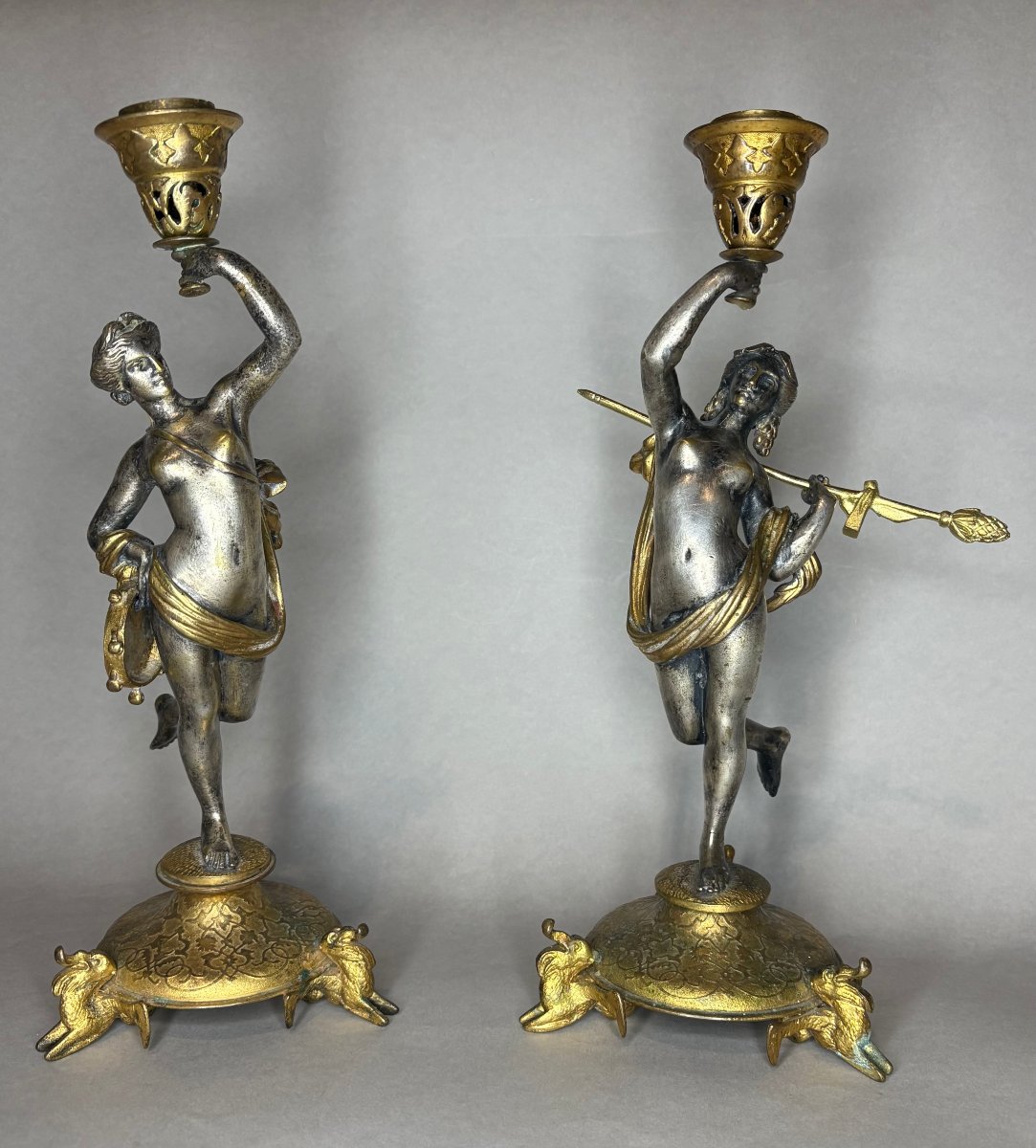 Alfred Daubrée (1817-1885)  Paire de Bougeoirs « Ménades » Bronze Doré et Argenté