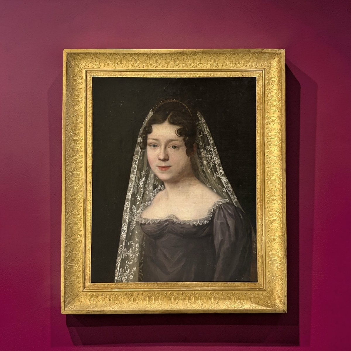 Grande Portrait d'une Femme Voilée – Peinture Néoclassique d'époque Empire-photo-2