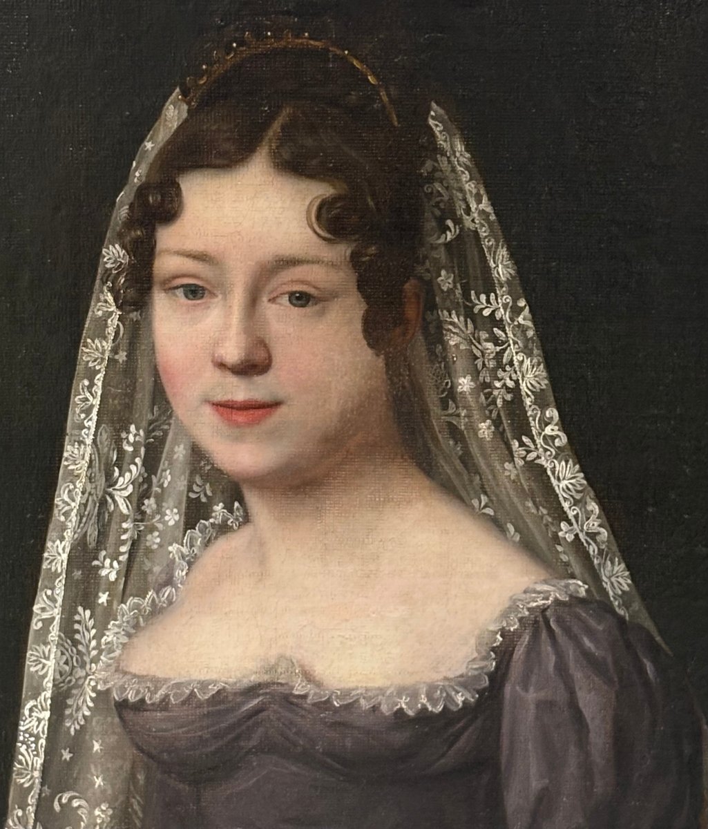 Grande Portrait d'une Femme Voilée – Peinture Néoclassique d'époque Empire-photo-3