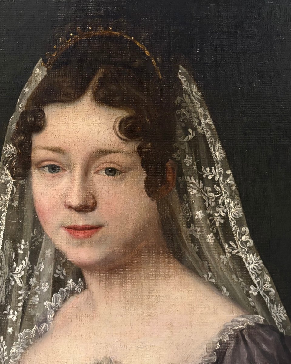 Grande Portrait d'une Femme Voilée – Peinture Néoclassique d'époque Empire-photo-4