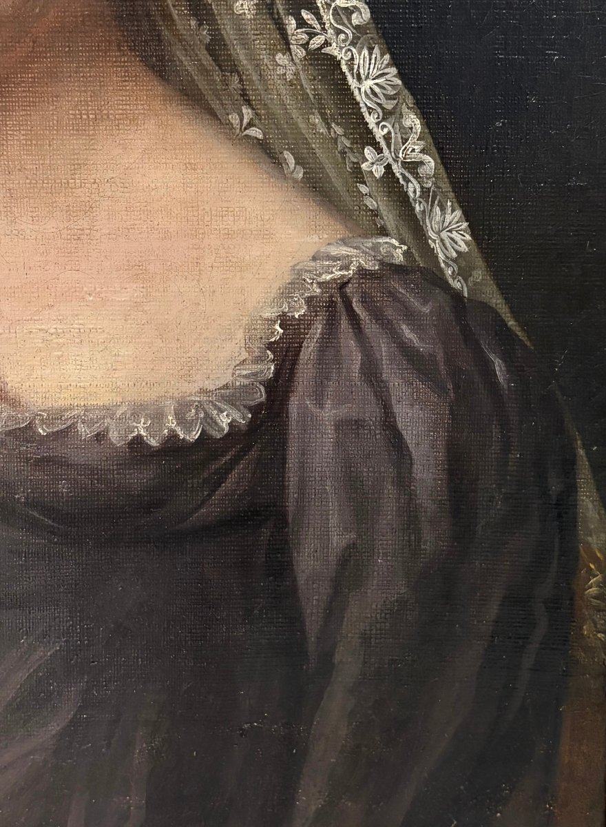 Grande Portrait d'une Femme Voilée – Peinture Néoclassique d'époque Empire-photo-2