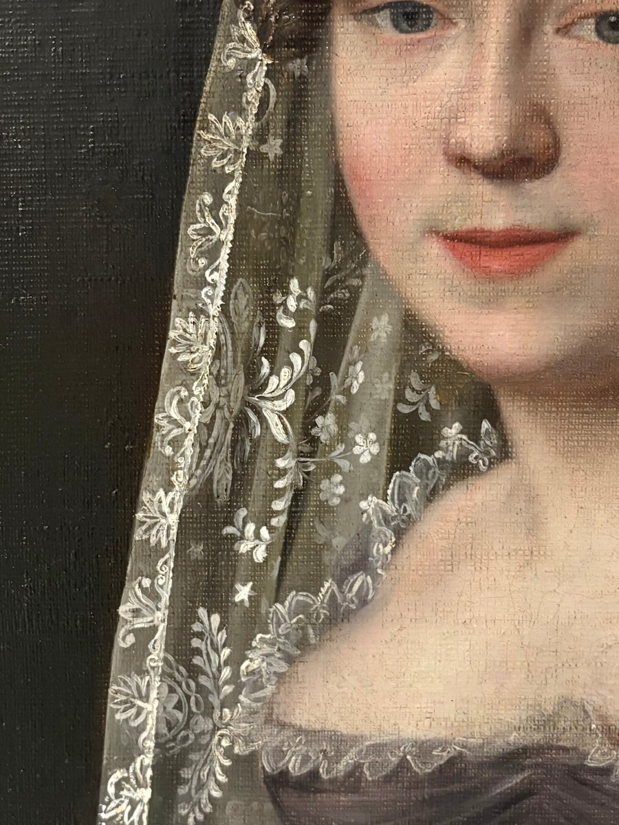 Grande Portrait d'une Femme Voilée – Peinture Néoclassique d'époque Empire-photo-3