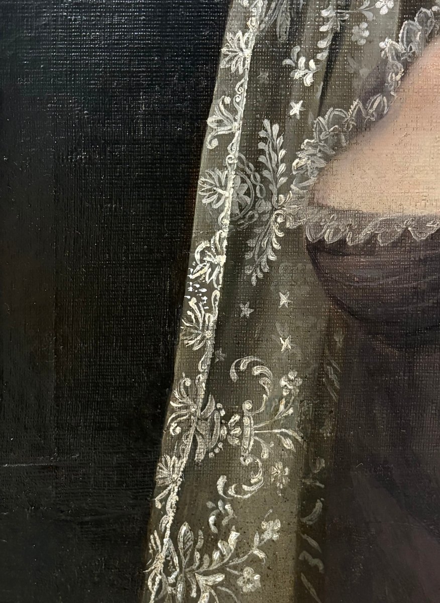 Grande Portrait d'une Femme Voilée – Peinture Néoclassique d'époque Empire-photo-4