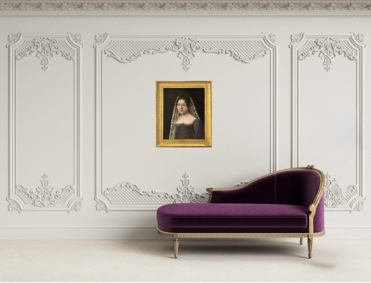 Grande Portrait d'une Femme Voilée – Peinture Néoclassique d'époque Empire-photo-8