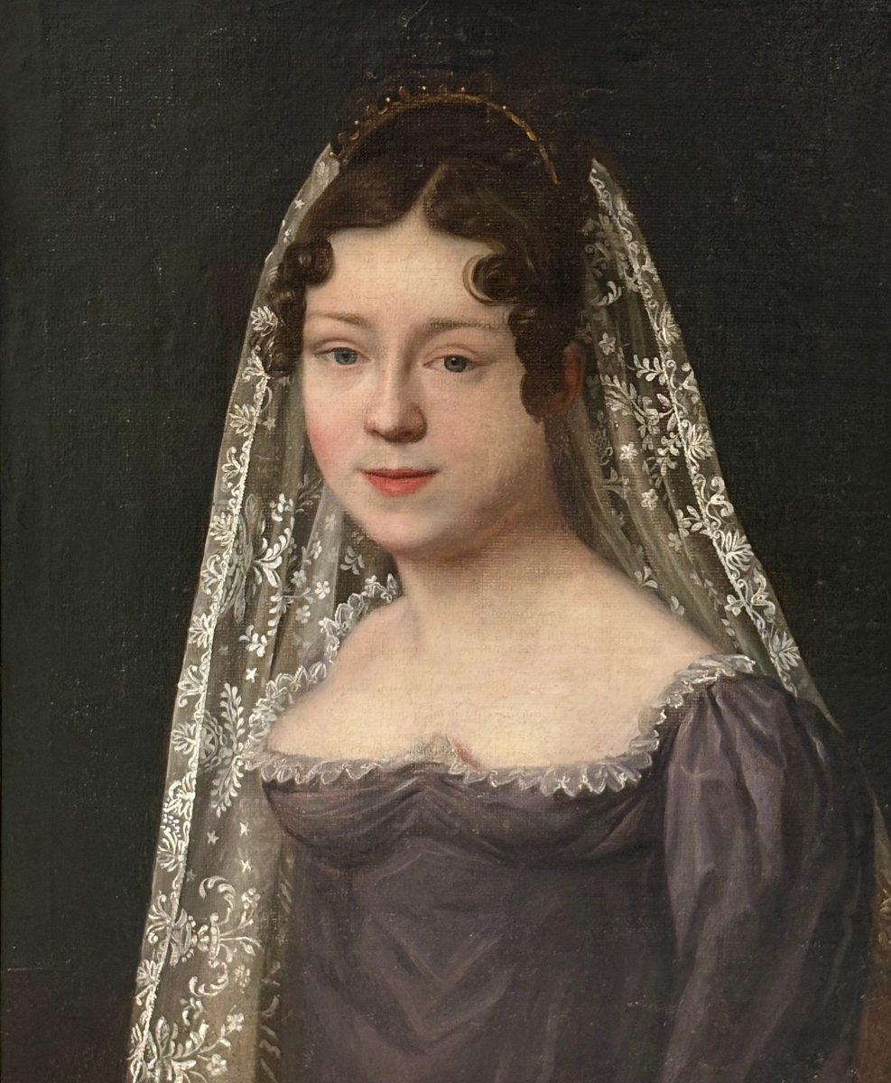 Grande Portrait d'une Femme Voilée – Peinture Néoclassique d'époque Empire