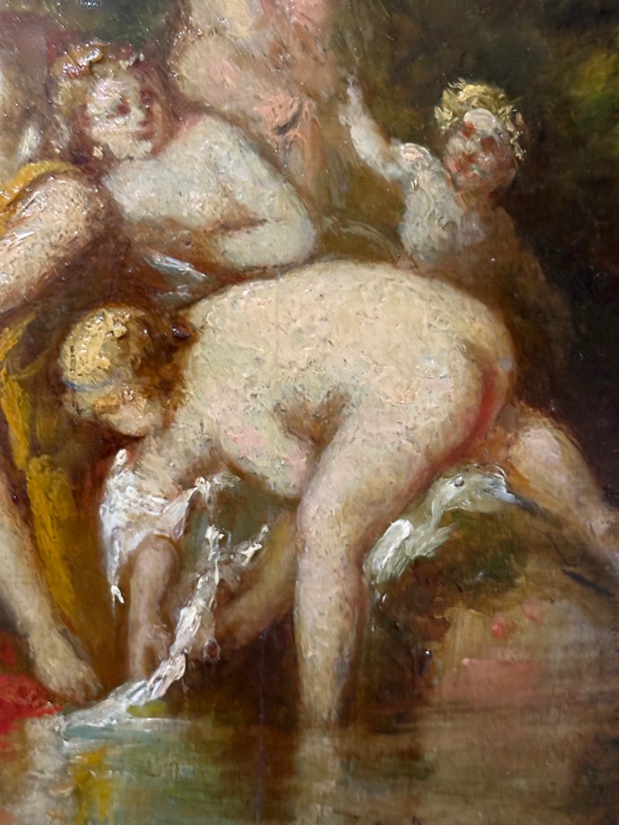 « Les Grâces au Bain », Tableau signé A. Monticelli 1854 Huile sur Bois-photo-1