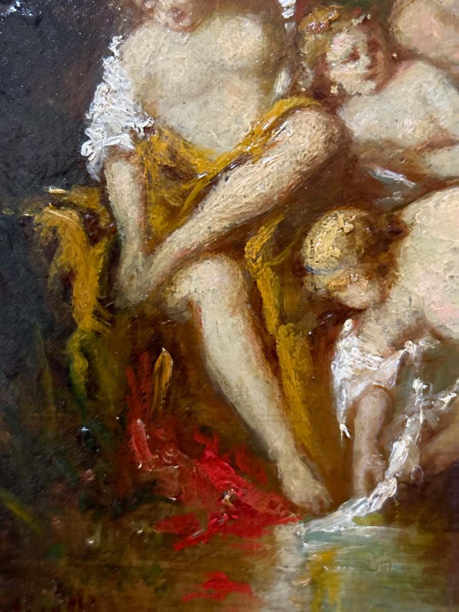 « Les Grâces au Bain », Tableau signé A. Monticelli 1854 Huile sur Bois-photo-3