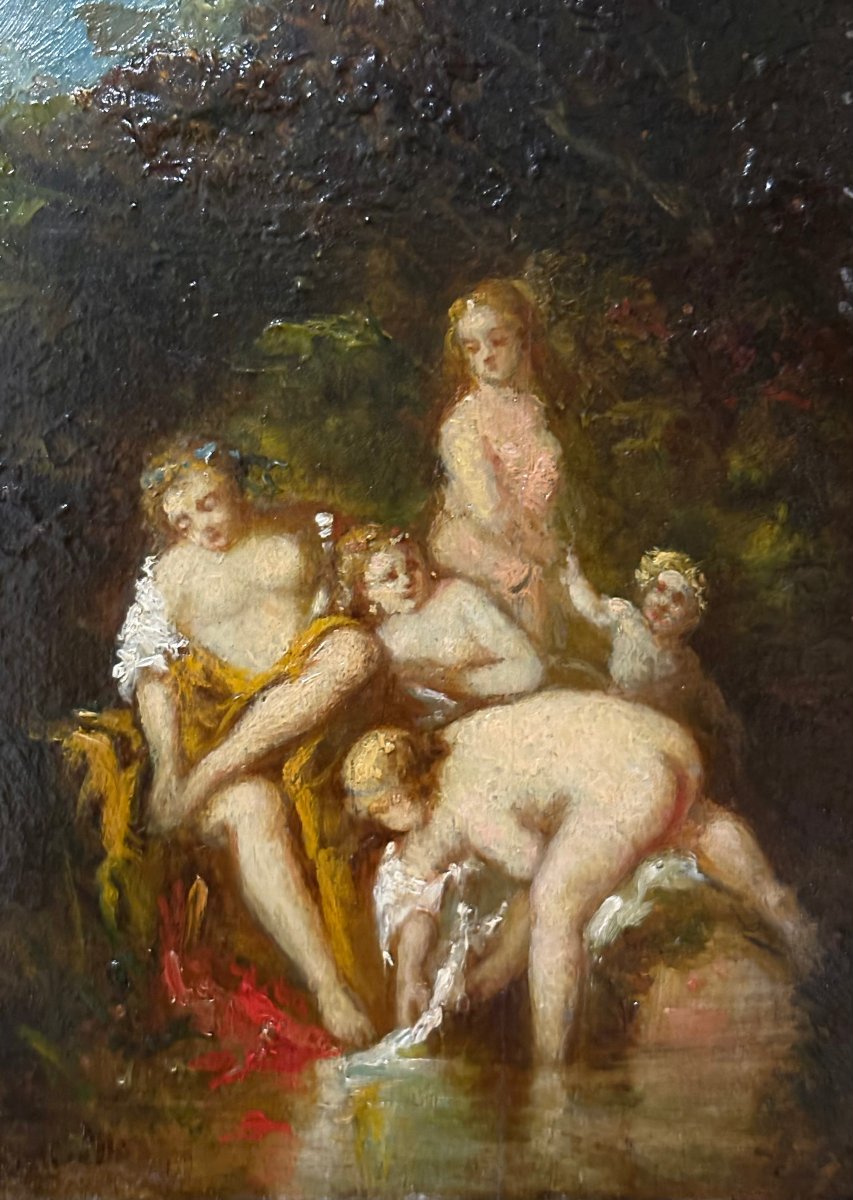 « Les Grâces au Bain », Tableau signé A. Monticelli 1854 Huile sur Bois