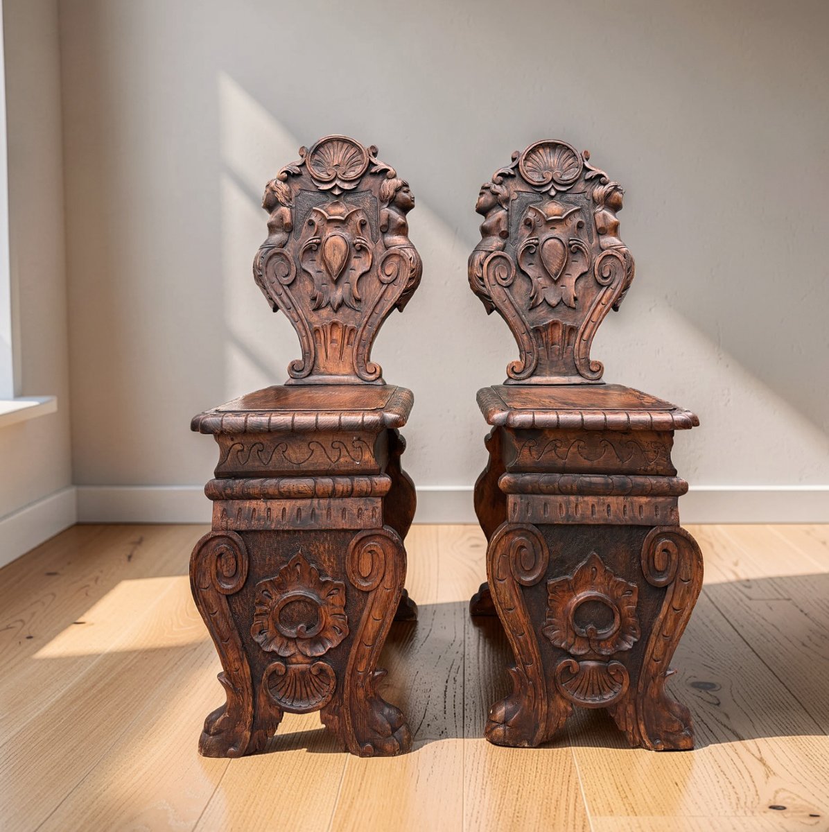 Pair Of Stools Grotesque And Coat Of Arms Neo-renaissance Style