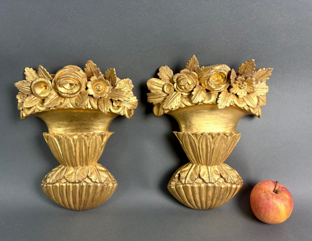 18th Pair Of Louis XVI Vases In Gilded Wood “triumph Of Flowers” -photo-2