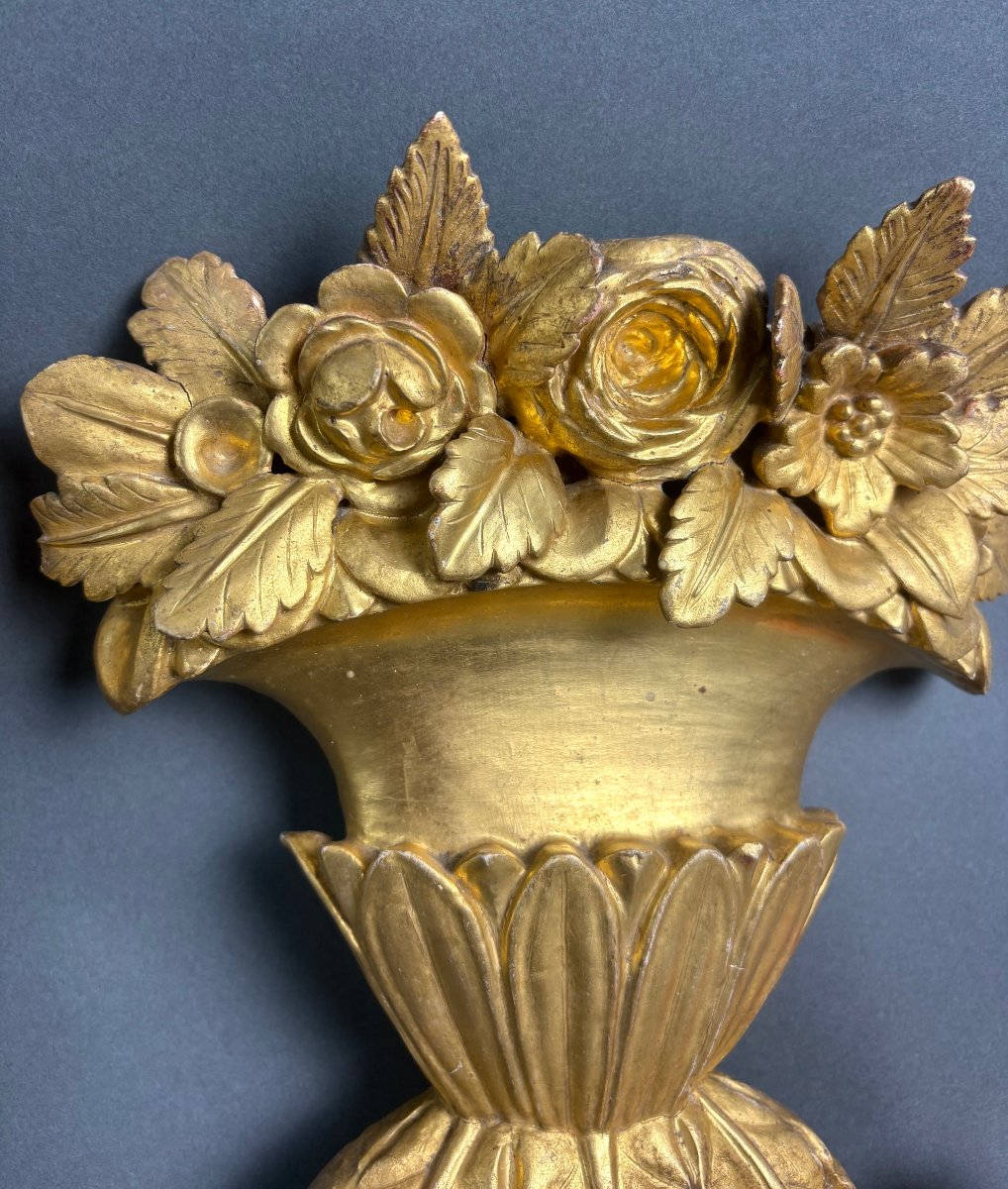 18th Pair Of Louis XVI Vases In Gilded Wood “triumph Of Flowers” -photo-1