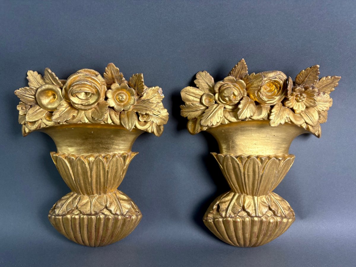 18th Pair Of Louis XVI Vases In Gilded Wood “triumph Of Flowers” 