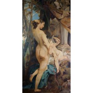 19th French School, "venus And Cupid" Large Oil Painting 