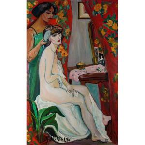 Albert Bertalan (1899-1957) Paris School Large Oil On Canvas “naked Woman At The Toilet”