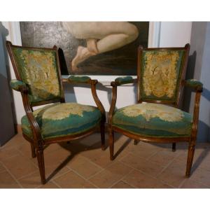 18th Pair Of Louis XVI Period Walnut And Embroidered Tapestry  Armchairs