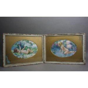 Pair Of Art Nouveau Watercolors Signed Gust. Muller Dated 1914