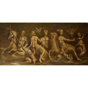 18th Large Italian Mythological Painting In Grisaille Scene Of Tritons And Nereids