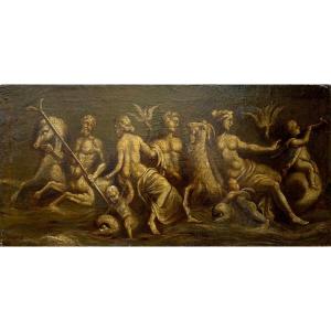 18th Large Italian Mythological Painting In Grisaille Scene Of Tritons And Nereids