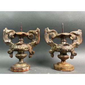 Paire de Pique-Cierges Candélabres Bois Argenté Italie 18éme