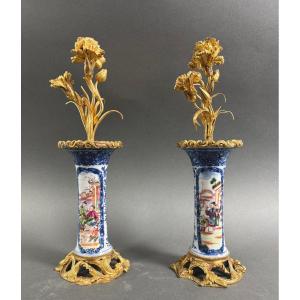 18th Louis XV Pair Of Gilt Bronze And  Chinoiserie Porcelain Candelabra