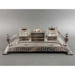 Encrier Art Déco dans le gout Néo-Égyptien Métal Argenté Cristal 