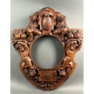 19th Large Carved Wood Frame Renaissance Revival  Wit Coat Of Arms