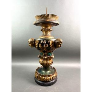 Imposante Pique-Cierge d'Autel Baroque en Bois Doré et Laqué 18éme