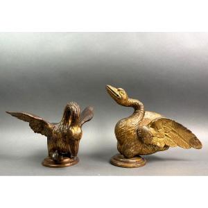 Paire de Grands Sculptures en Bois Doré  Louis XVI Cygnes Italie 18éme