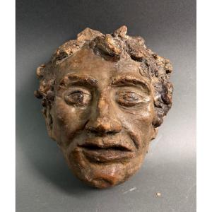 Tête de Faune en Haut-Relief Terre Cuite Polychrome, XVIIIe siècle