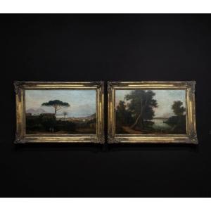 Pair Of Large Grand Tour Views Of The Gulf Of Naples, Posillipo School, Circa 1840