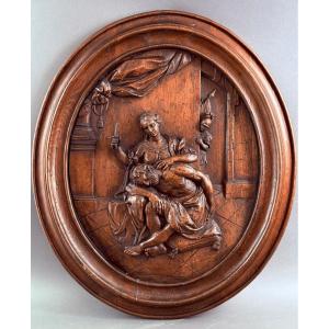 Grand Médaillon en Bois Sculpté « Samson et Dalila » Italie XVIIIe siècle
